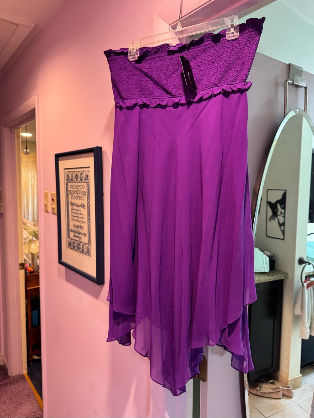 NWT!! BCBG Size L Amethyst Purple Strapless Smocked 100% Silk Dress